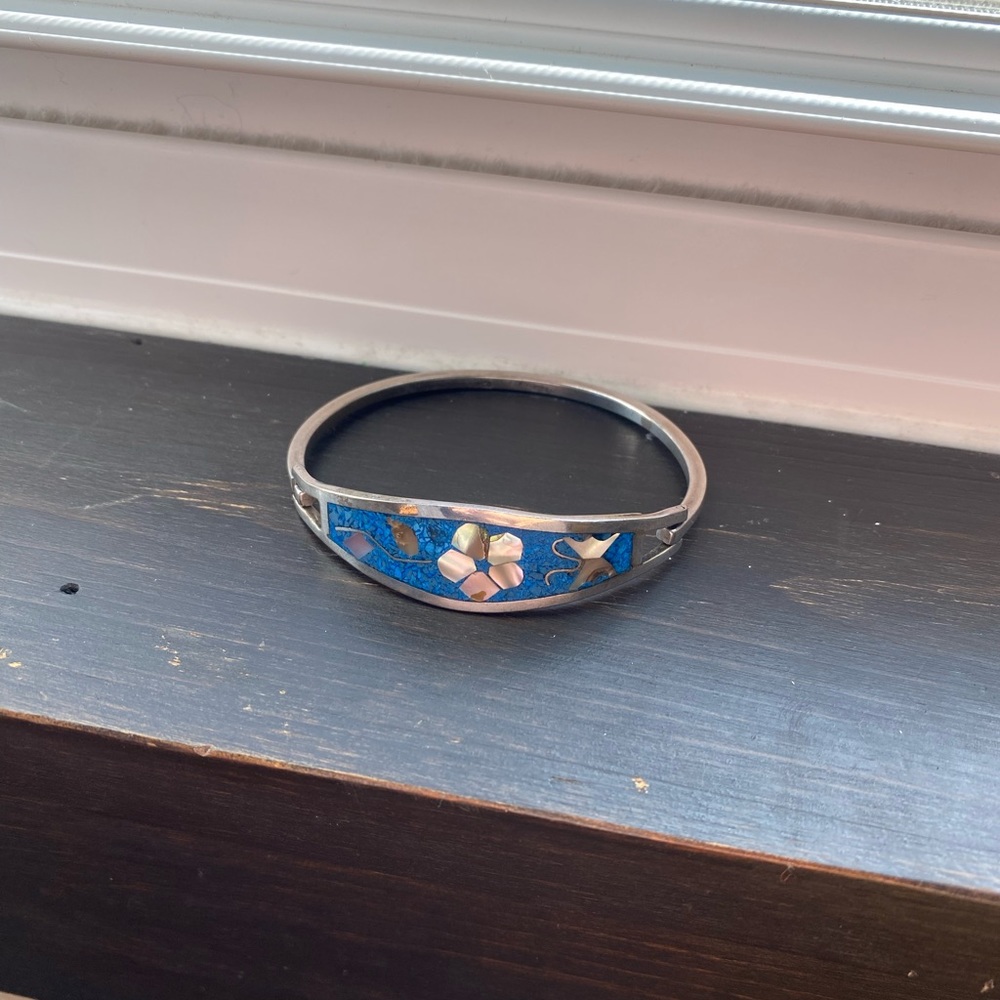 VINTAGE glass/ Sterling silver cuff bracelet